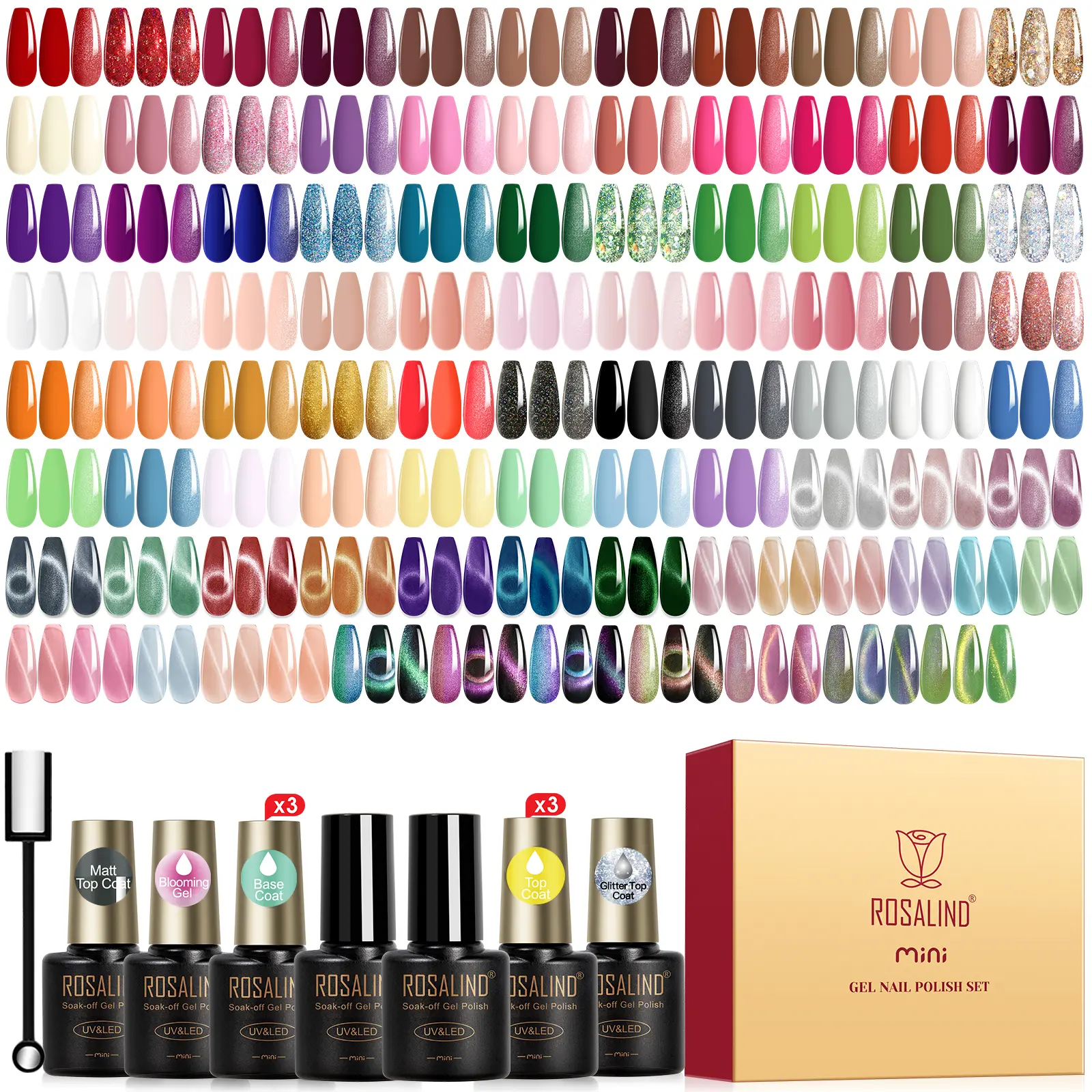 ROSALIND 100 Pcs Gel Nail Polish Set, 63 Color UV Gel Polish Kit with Base & Top Coat, 21 Cat Eye & Blooming Gel for Nail Art Salon nail polish