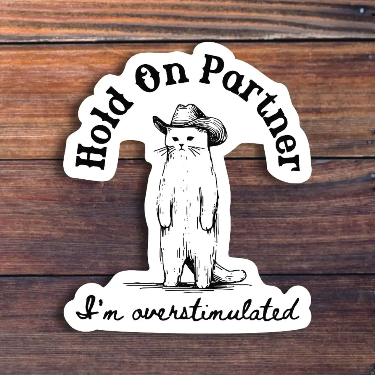 Hold On Partner I'm Overstimulated Sticker, Funny Cowboy Cat Sticker, Western Cat, Sarcastic Country Sticker, Trendy Vintage Sticker, Laptop Water Bottle Decal Sticker