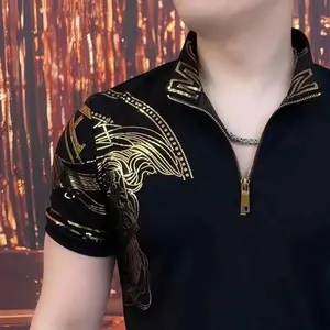 2025 Summer Trendy Bronzing Lapel Short Sleeve Polo Shirt Men's Light Luxury Handsome Menswear Top Shortsleeve Wetsuit Tropical Casual Fashion Black Metallic Polyester Stylish Zipper Chainsaw  polo shirt Trendy Color Block Lapel Shirt cozy zip men