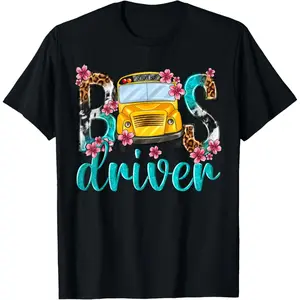 Pure Cotton Tee Floral Leopard Bus Driver School Bus Back To School 2023 T-Shirt Fabric Soft