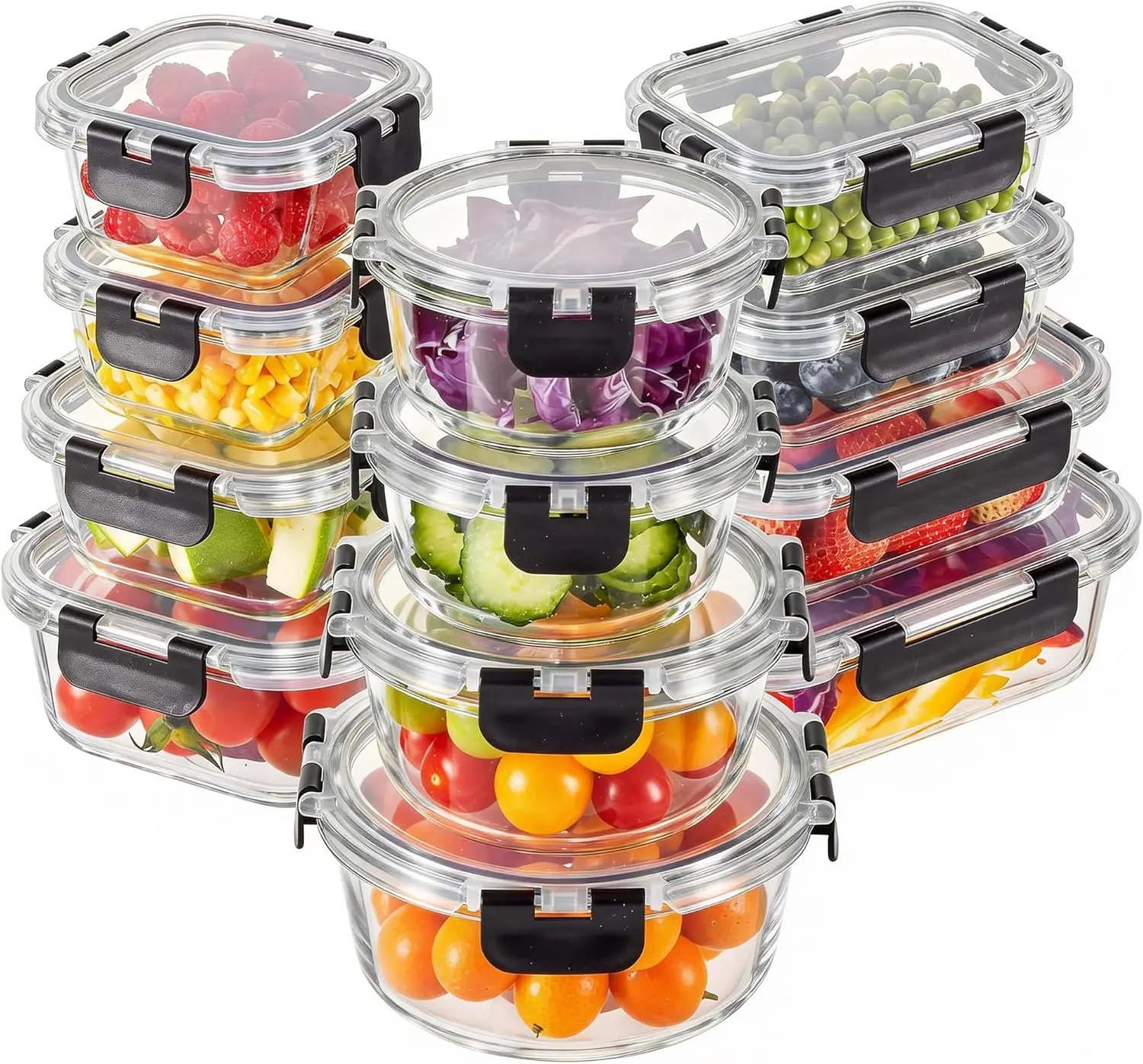 Clear Glass Food Storage Containers with Black Lids - 12-Piece Set for Fresh Produce & Vegetables - Ideal for Meal Prep & Organization