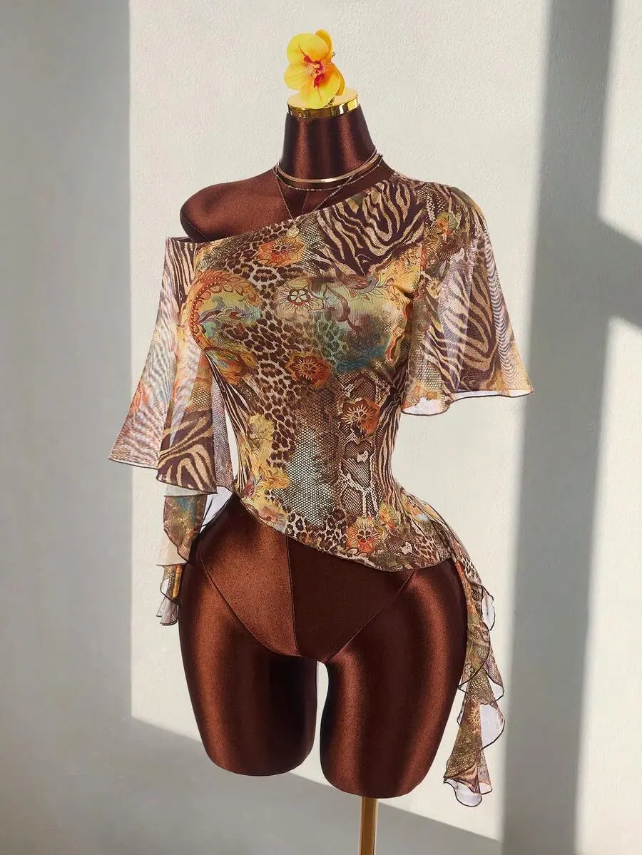 ARDEN x Amplova Women's Leopard Print Asymmetric Hem Fashionable T-Shirt Zipper Top Summer Festival Party Clubbing Club Night Wedding Beach Graduation Ceremony Birthday Holiday Holiday, Top Brown Zebra Print And Sexy,Summer Top