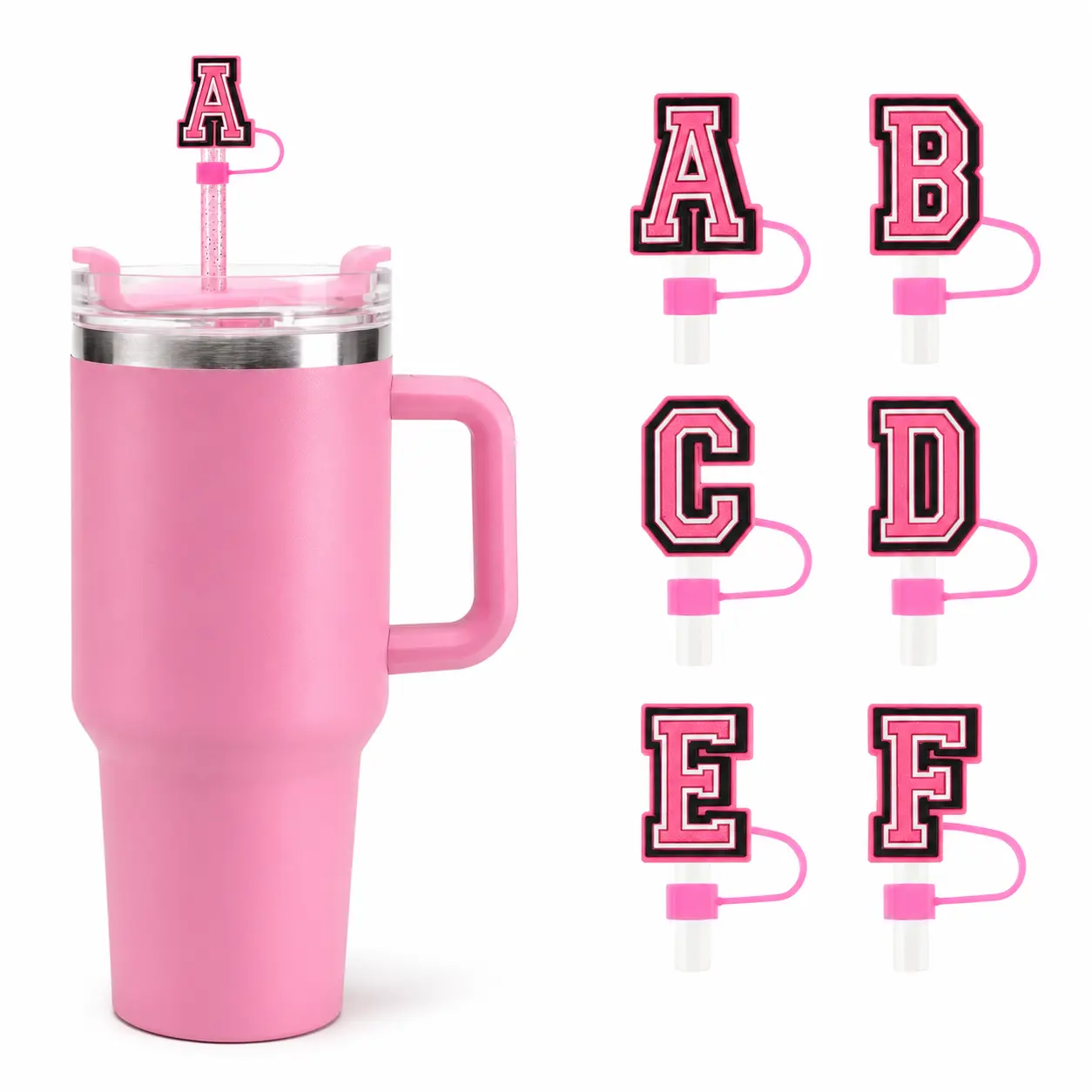 6-8PCS Washable Silicone Straw Toppers & Straw Covers for 30-40oz Tumblers, Reusable Pink & White Alphabet Letter Straw Caps, straw accessories & wholesale straw toppers, straw lid Accessories for Travel Cups & Water Bottles