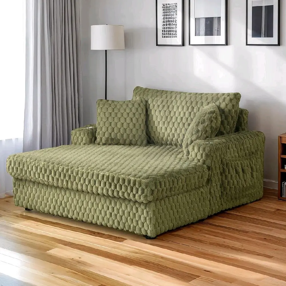 FOA Ferryhill 2-Arm Chaise Lounge - Faux Fur Upholstery, Cupholders Handy, Pockets for Books, Deep Plush Back, Light Brown/Taupe/Olive Green Oversized Modern Indoor Lounge Chair