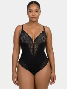 Sculpt Touch Women's Deep V Neck Lace Shaping Bodysuit with Built-In Support, Sleeveless Tummy Smoothing Bodysuit, Snap Closure Everyday Wear