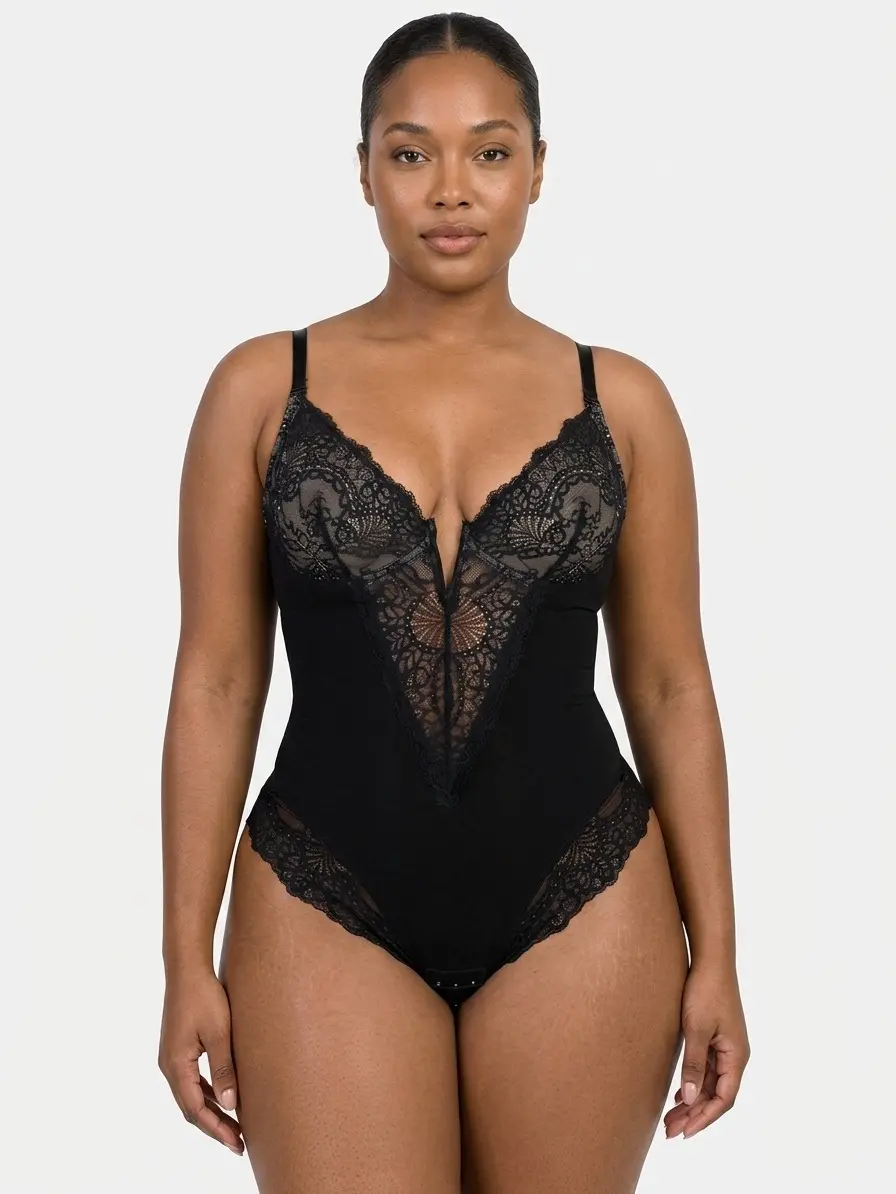 Sculpt Touch Women's Deep V Neck Lace Shaping Bodysuit with Built-In Support, Sleeveless Tummy Smoothing Bodysuit, Snap Closure Everyday Wear