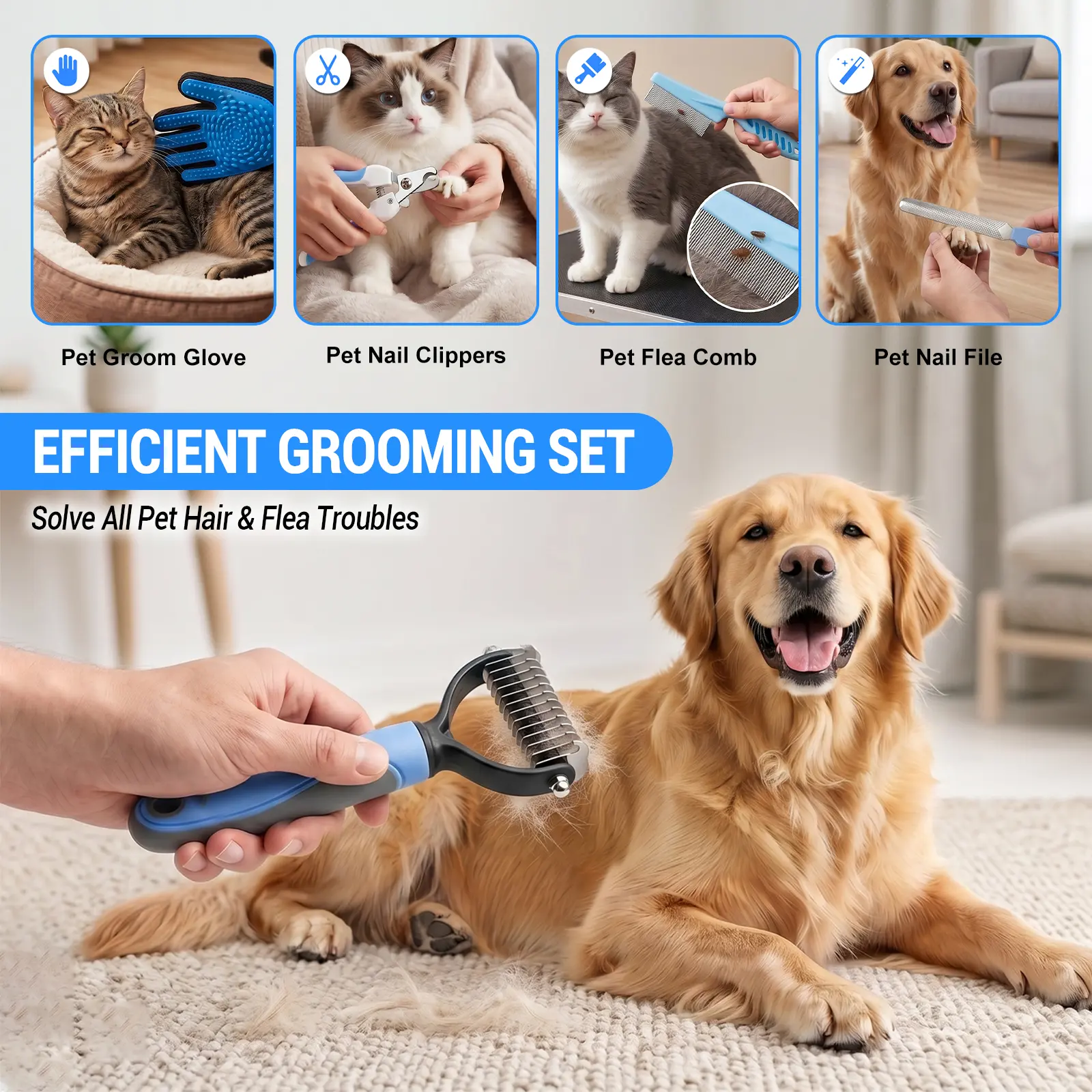 5-in-1 Dog & Cat Grooming Kit - Stainless Steel Hair Care Products, Double-Sided Deshedding Tool, Deshedding Rake, Grooming Glove, Nail Clippers for Fur Control & Loose Fur Removal (Beauty/Hair Care)