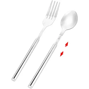 Extendable Fork and Spoon Set, Telescopic Stainless Steel Fork and Spoon, Retractable Tableware Extending to 25.2 Inches for BBQ, Dinner, Fruit, and Dessert - Durable and Portable
