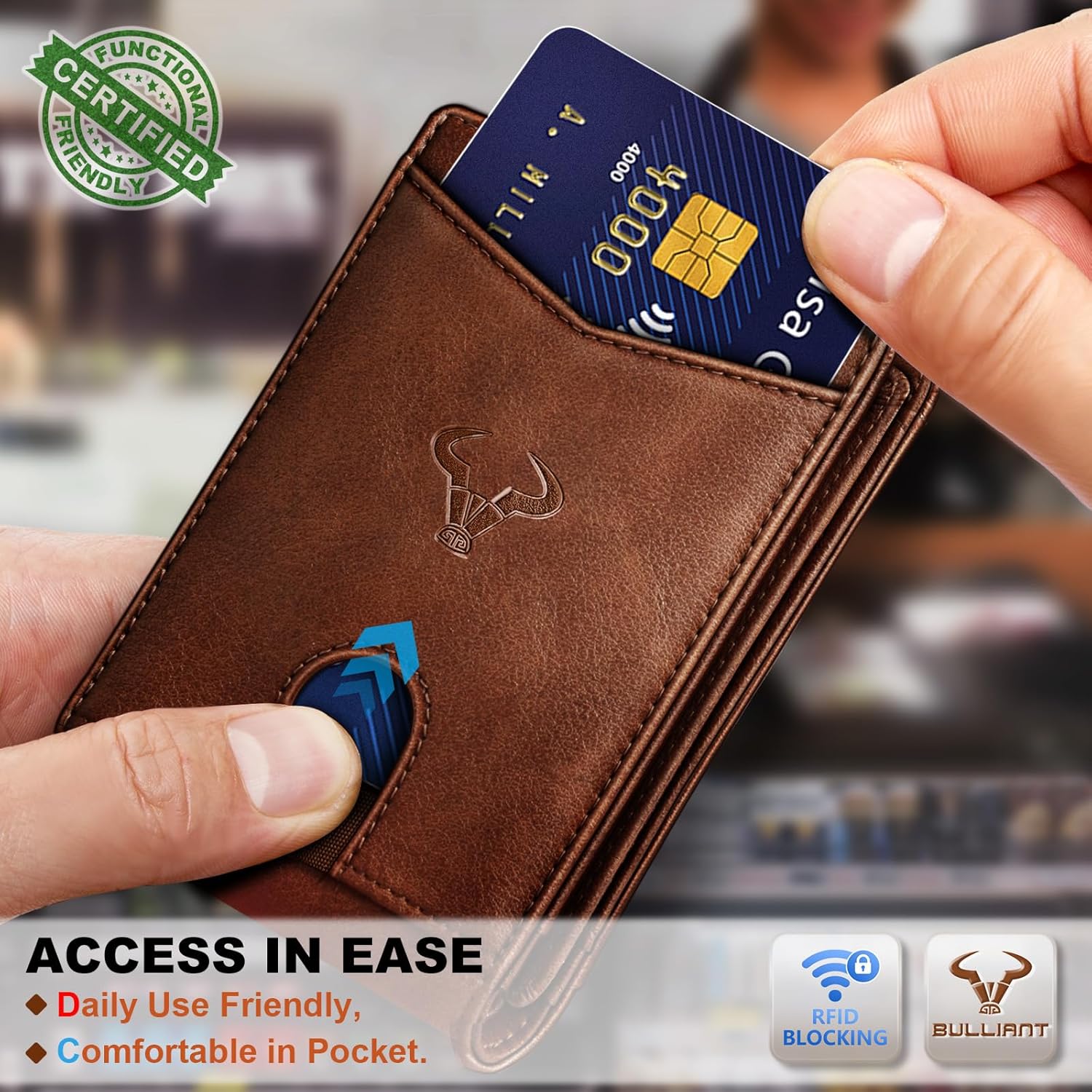 BULLIANT Men's Slim Wallet with RFID Blocking, Leather Bifold Wallet Front Pocket Card Holder with 11 Card Slots, Gift for Men