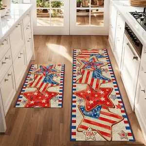 2Pcs Red And Blue Striped Independent Day Five Pointed Star Kitchen Rug Set, Farmhouse Kitchen Rugs, Restaurant Floor, Laundry Room Decoration Carpet Mat