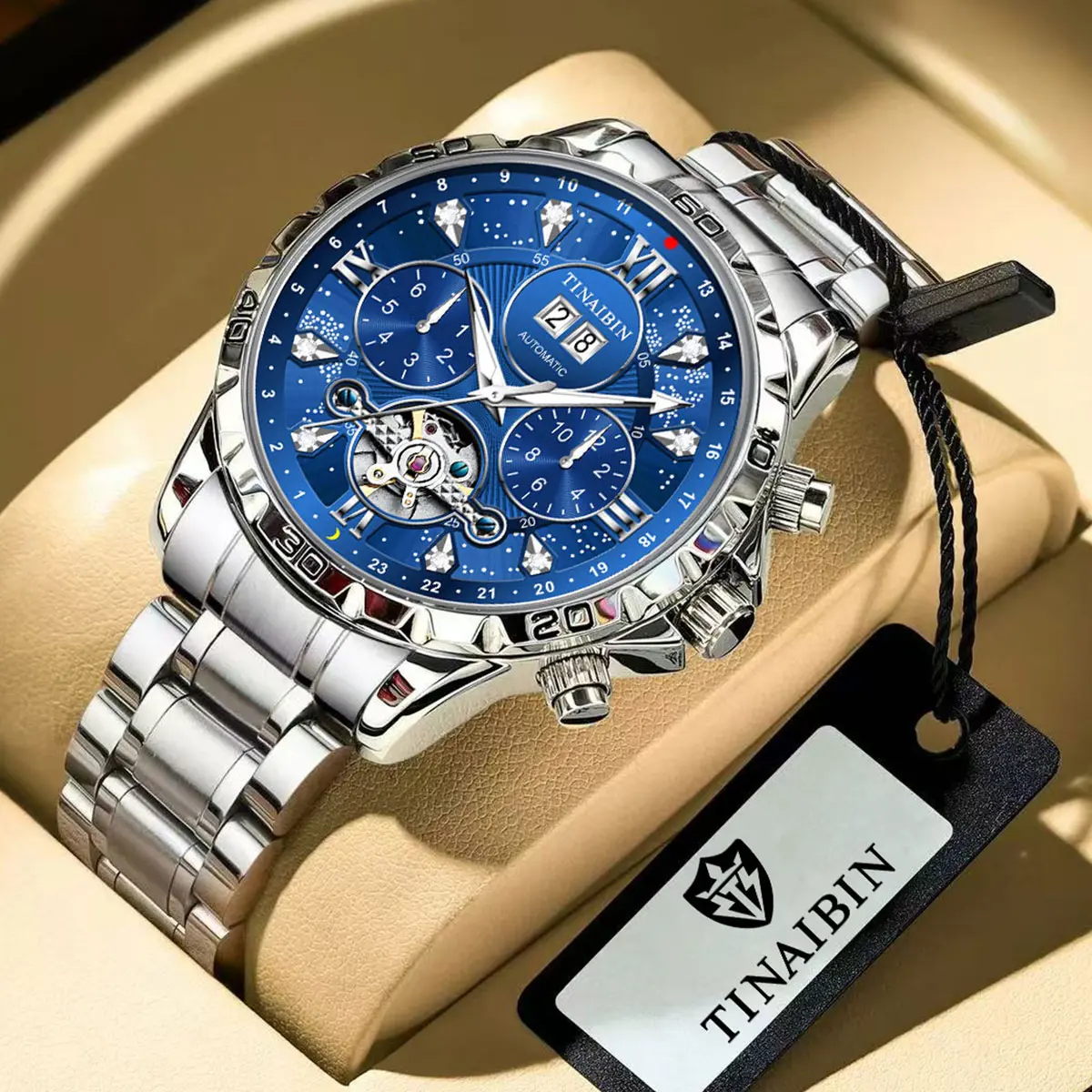 TINAIBIN Men's Automatic Mechanical Tourbillon Stainless Steel Waterproof Luminous Luxury Dress Watch with Bracelet; Men's Business Fashion Watch with Exquisite DesignSuitable for wearing at parties, also suitable for daily use and as gifts