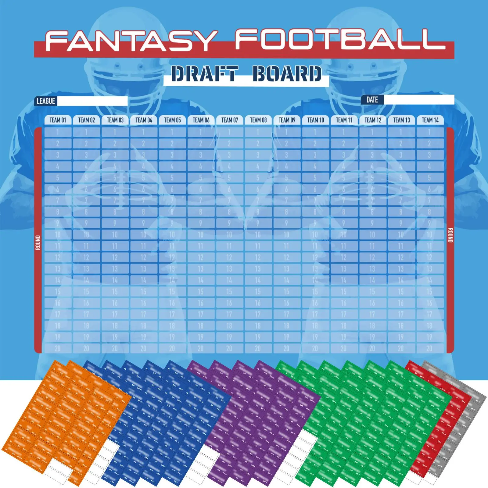 2026 Season Fantasy Football Draft Board Kit - 5.3x3.7ft Large Board, Up to 14 Teams, 20 Rounds, 600+ Upgraded Player Stickers