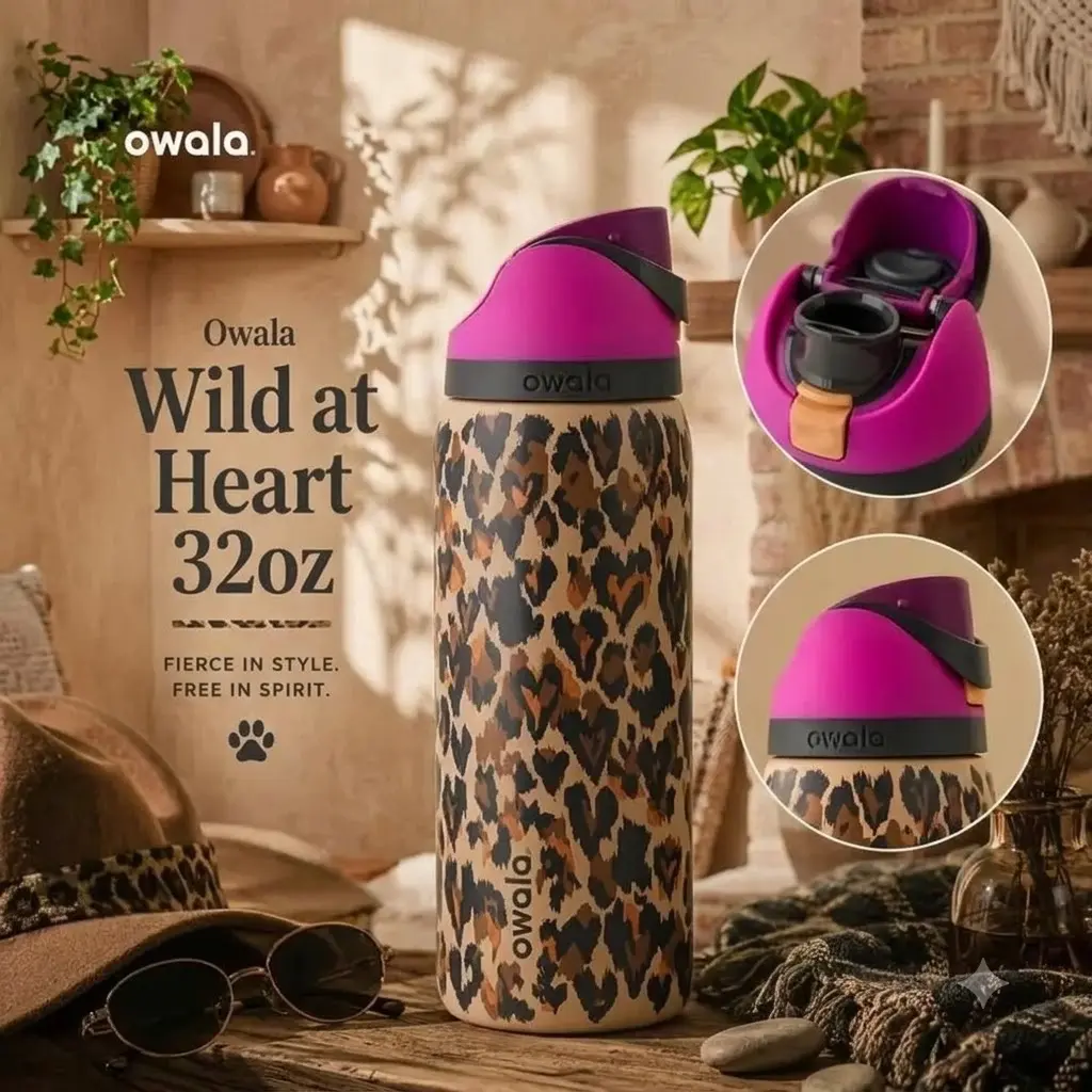 NEW Owala Wild at Heart 32oz Insulated Water Bottle – Stainless Steel Leopard Print Tumbler, Stylish Reusable Drinkware, Cute Gift for Girls