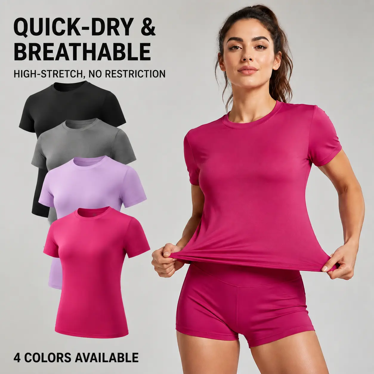 4-Piece Solid Sports Tee Set Round Neck Slim Stretchy Ideal for Yoga Gym Workouts Women's Athletic Wear Sporty Style Clothes gym shirts workout tops oversized gym shirts Fitness Outfit