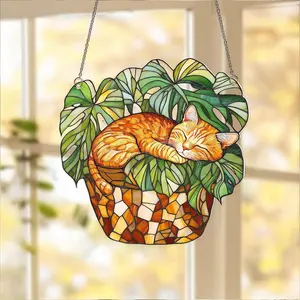 Orange Cat Monstera Suncatcher, Fade Resistant Acrylic Window Hanging, Cute Cat And Tropical Plant Design, Cat And Plant Lover Gift, Bright Cozy Home Decor Accent, Summer Sun Catcher For Window, Birthday Gift Idea