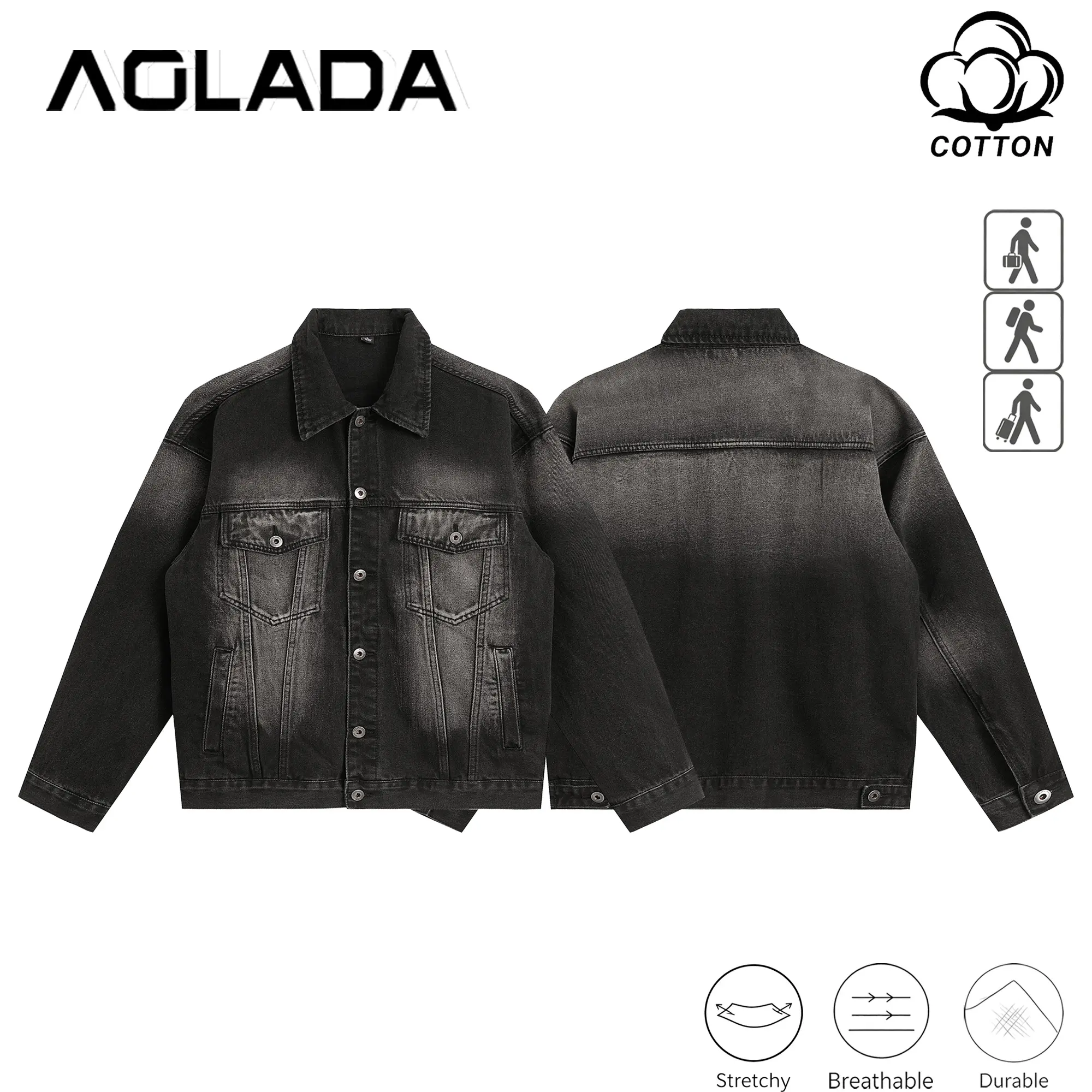Men's Faded Black Wash Denim Trucker Jacket with Flap Pockets - Relaxed Fit Button-Up Jeans Coat with Vintage Ombre Effect, Casual Streetwear Outerwear, No-Logo, M-5XL, Fast US Shipping #FadedBlackDenimJacket #OmbreDenim #TikTokMadeMeBuyIt