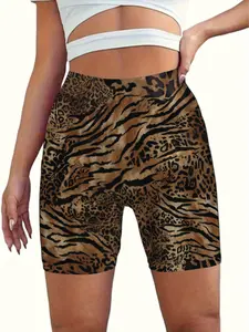 Women's Plus Size High-Waisted Yoga Shorts, Leopard Print - Comfortable Stretch Fabric, Suitable for Gym, Training, Sports, and Casual Wear, Suitable for All Seasons, High-Waisted Yoga Shorts, Workout Shorts, High-Waisted Shorts, Durable Fabric Short