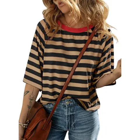 Dokotoo Tops for Women Striped 2026 Fashion T Shirts for Women Color Blocking Design Loose Basic Tee