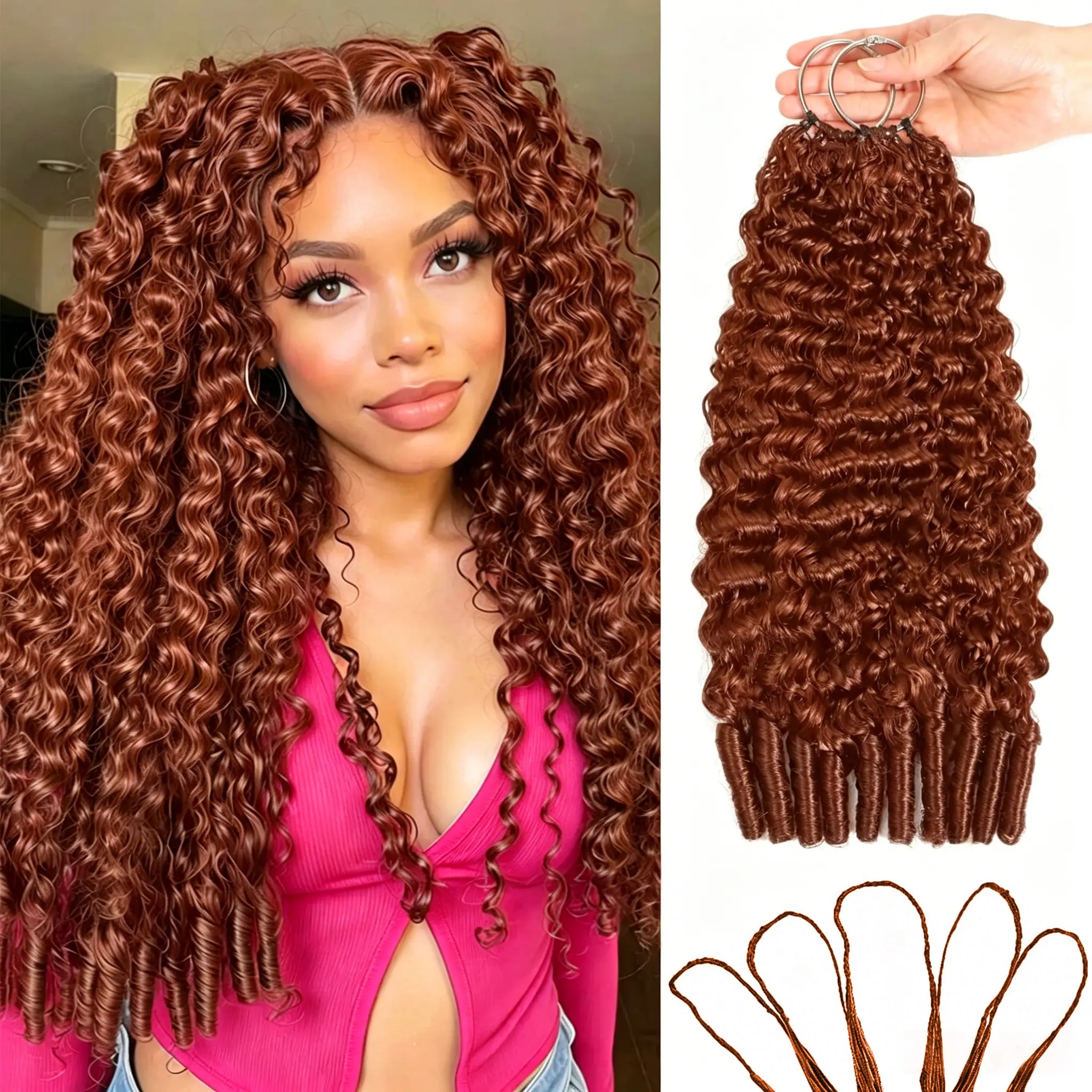 [New IN] #33 Reddish Brown Color Burmese Curly Miracle Knots Crochet Human Hair Extension Kinky Curly Feathered Human Crochet Hair Bundles  For Black Women
