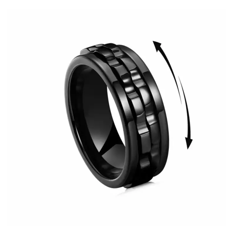 Men's 8mm Black Stainless Steel Gear Spinner Ring - Rotatable Anxiety Relief Fidget Jewelry, Cool Gift for Dad, Premium Stainless Steel Jewelry, Rings