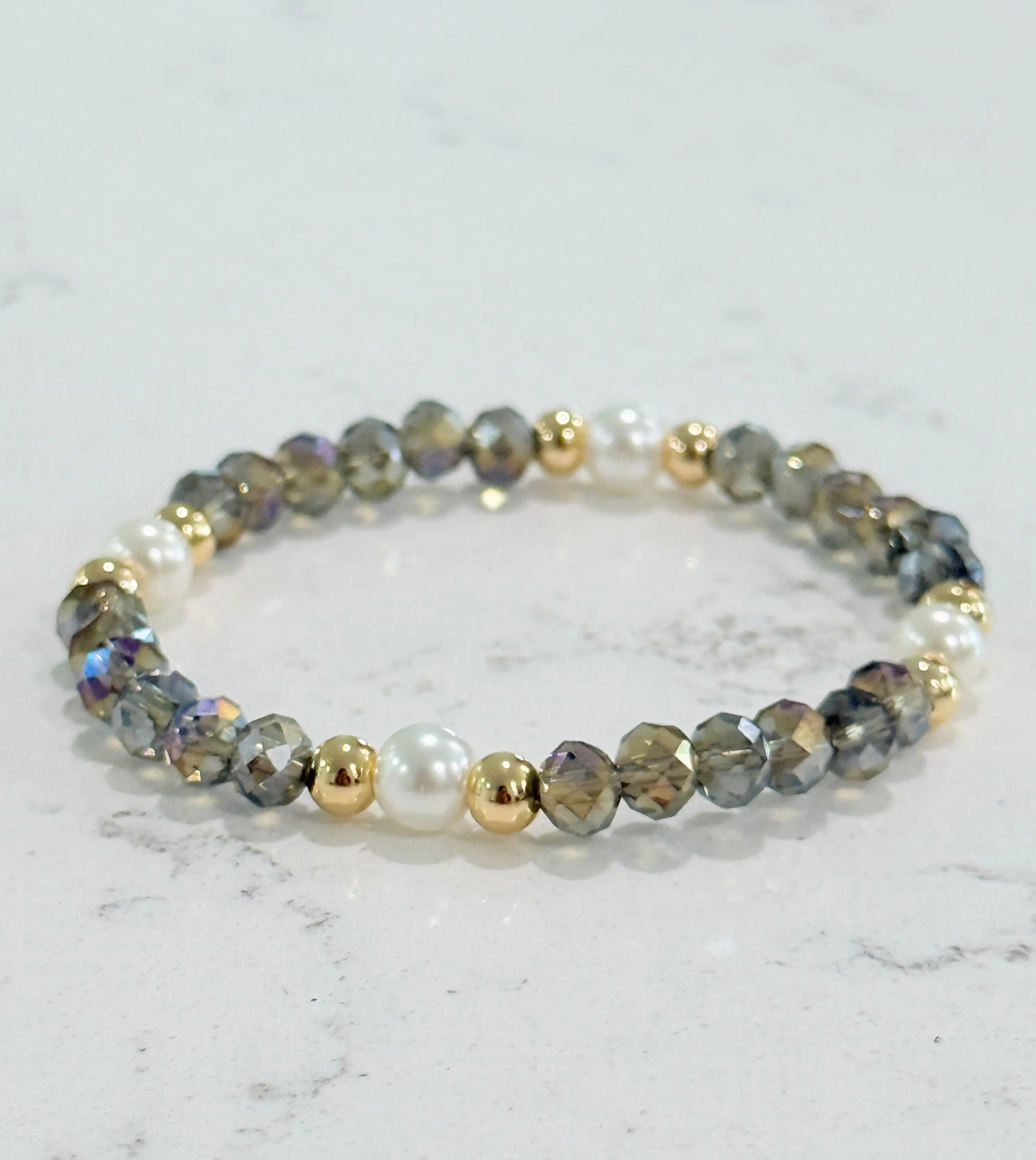 Grace & Light Bracelet – Gray Crystal with Gold & Pearl Accents | Faith-Inspired Jewelry