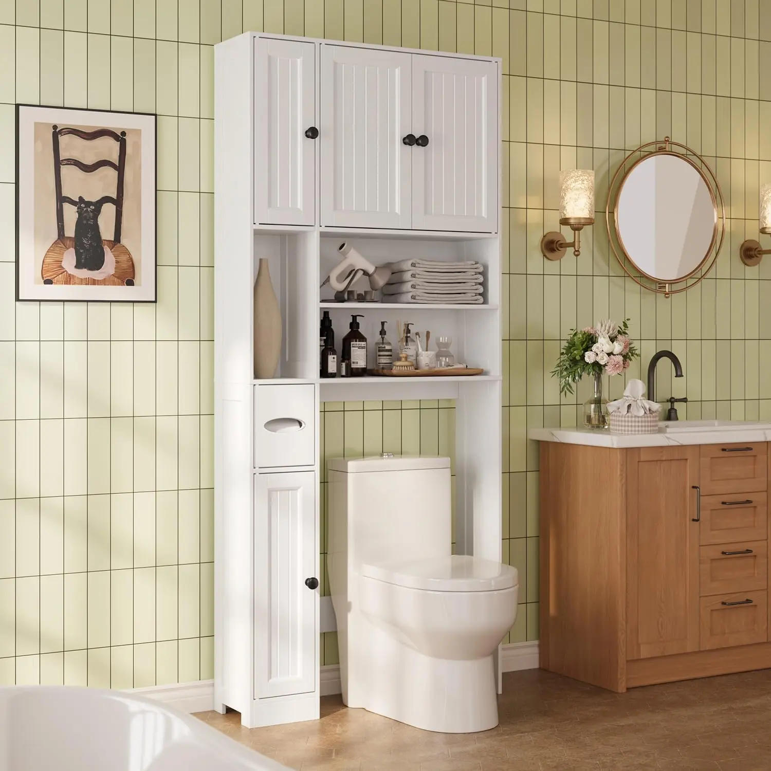 Gizoon Over The Toilet Storage Cabinet, Over Toilet Bathroom Organizer with Adjustable Shelves and Five Doors, Above Toilet Storage Cabinet for Bathroom, Restroom, Laundry, White