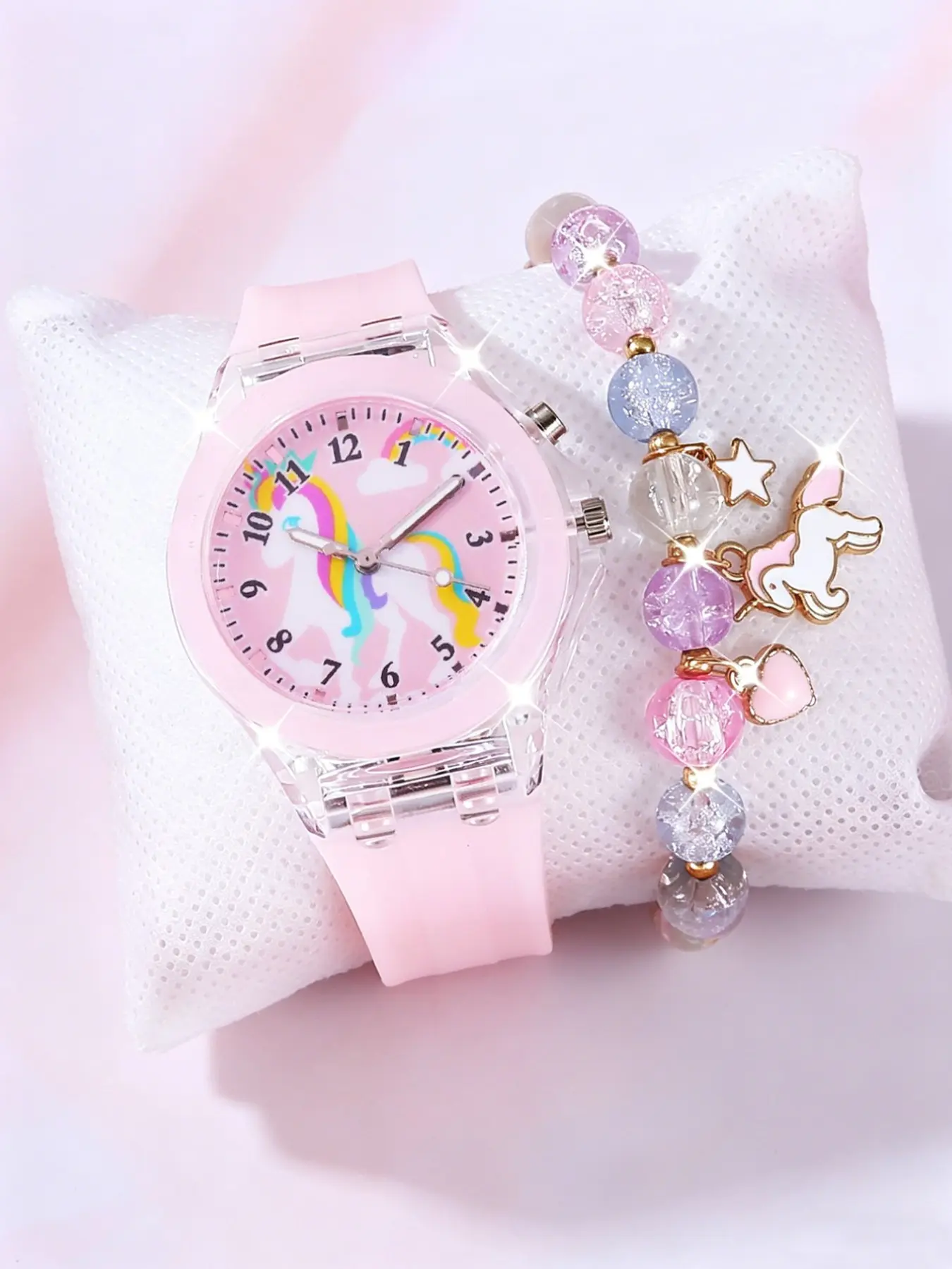 Girls' Glowing Watch Set, Girly Wristwatch, LED Unicorn Quartz Watch & Beaded Bracelet, Cute Romantic Casual Elegant Stylish Watch, Square Digital Face, All Seasons