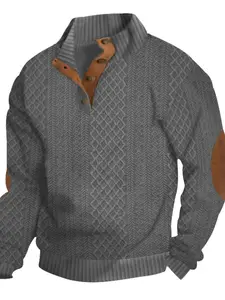 Men's Colorblock Patched Argyle Jacquard Sweatshirt, Regular Fit Casual Long Sleeve Stand Collar Pullover for Spring & Fall, Fashion Men's Top for Daily Wear