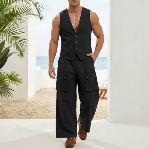 INCERUN Men's Casual Plain 2-Piece Street Set - Shape-Defining Polyester Sleeveless Slim-Fit V-Neck Vest & Ultra-Loose Pocketed Urban Utility Cargo Pants for Street-Lounge Mix