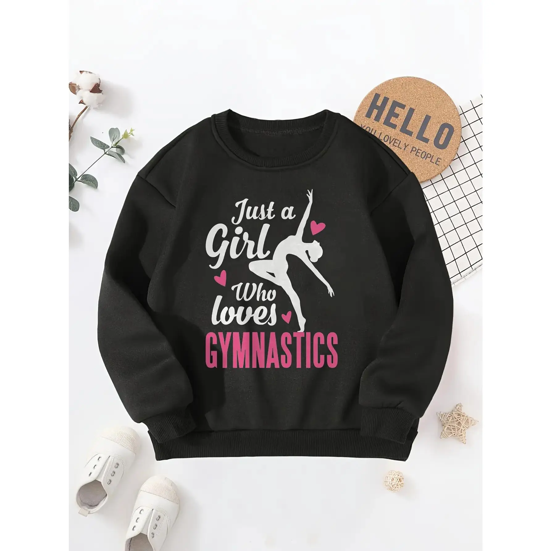 Girls' Casual Athletic Pullover, Pink Long Sleeve Fitted Top with Gymnastics Graphic for Gym Practice, Tops, Longsleeves