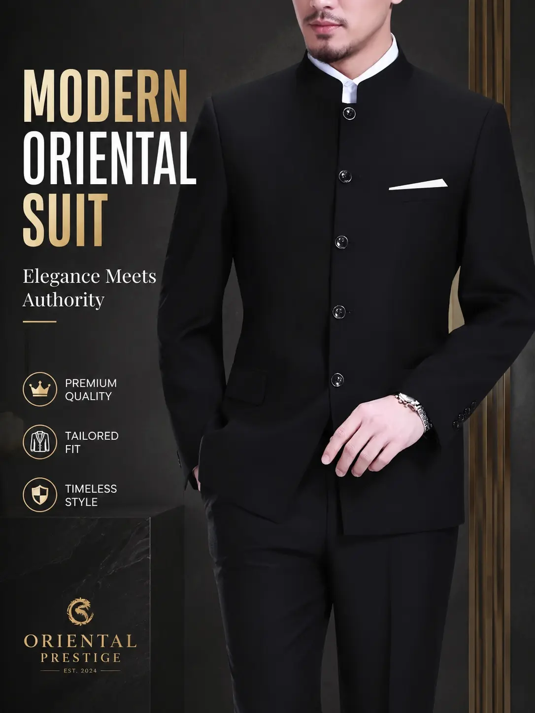 Men's Mandarin Collar Suit Modern Chinese Style Blazer Formal Business Wedding Dressy Outfit