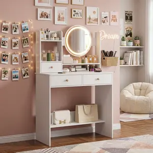 White/Black Vanity Desk with LED Lighted Mirror, 3-Mode Touch Control Lighting, 3 Drawers & Open Shelves, Durable MDF, Easy to Assemble, Elegant Makeup Desk for Home Bedroom Dressing Room, Ideal Gift