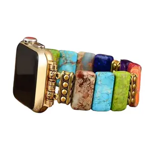 Colorful Natural Stone Beaded Apple Watch Band, Handmade Elastic Stretch Strap Compatible with iWatch Series 9/8/7/6/5/4/3/2/1 38mm-49mm, Cute Feminine Watch Band for Women