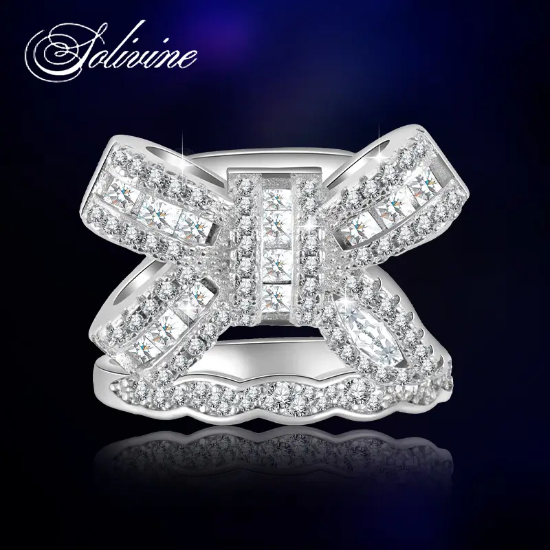 SOLIVINE 2-Piece Bow-Shaped Ring & Matching Band 925 Sterling Silver with  5A Cu...