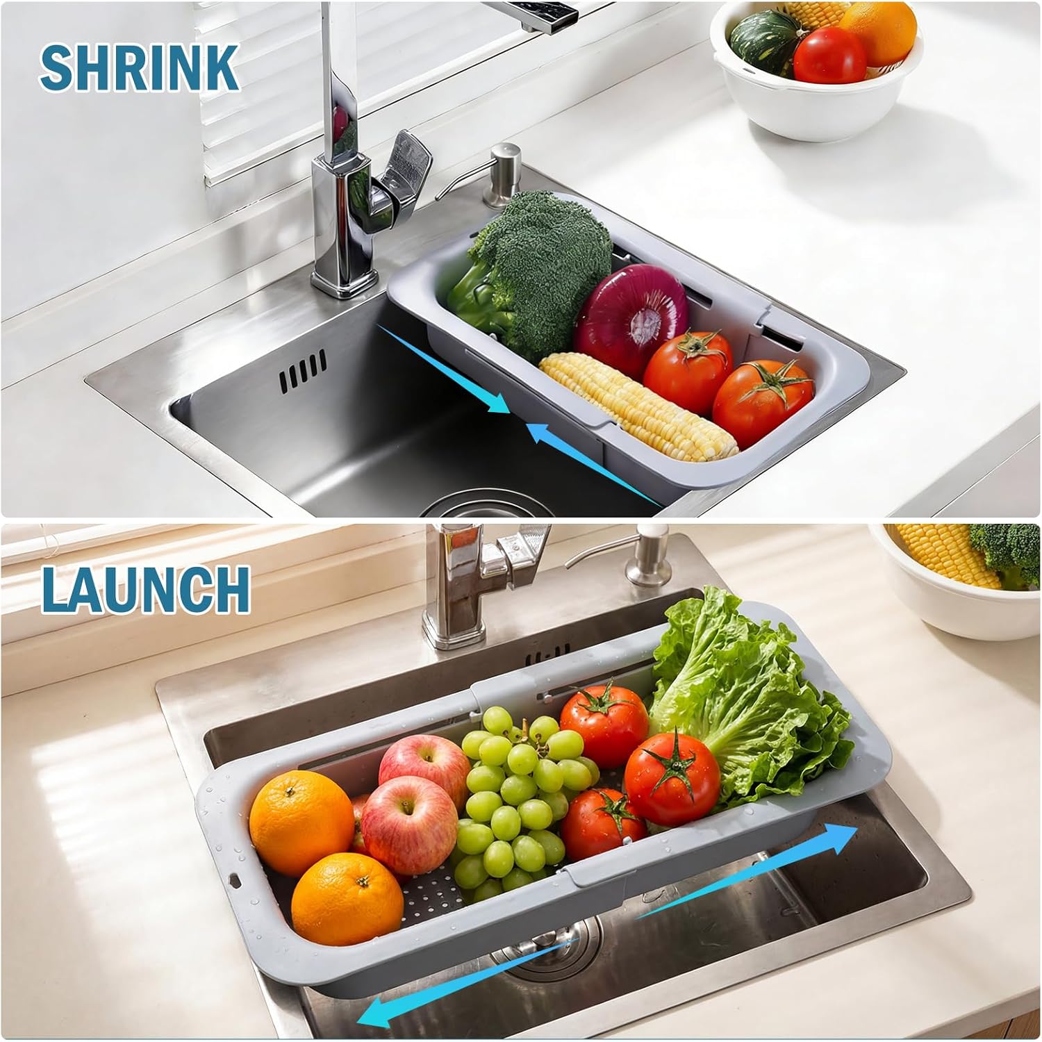 Over-the-Sink Retractable Drain Basket - Kitchen Sieve Colander for Washing Produce, Draining Pasta - Essential for New Kitchens (Gray or White Options)