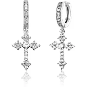 Men's Cross Hoop Dangle Earrings-Cubic Zirconia Cartilage Hypoallergenic Gold and Silver Cross Dangle Earrings for Men and Women