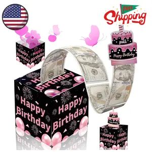 Birthday Money Box for Cash Gift Pull, Surprise Money Roll Gift Box with Pull Out Card and 30 Transparent Bags DIY Set