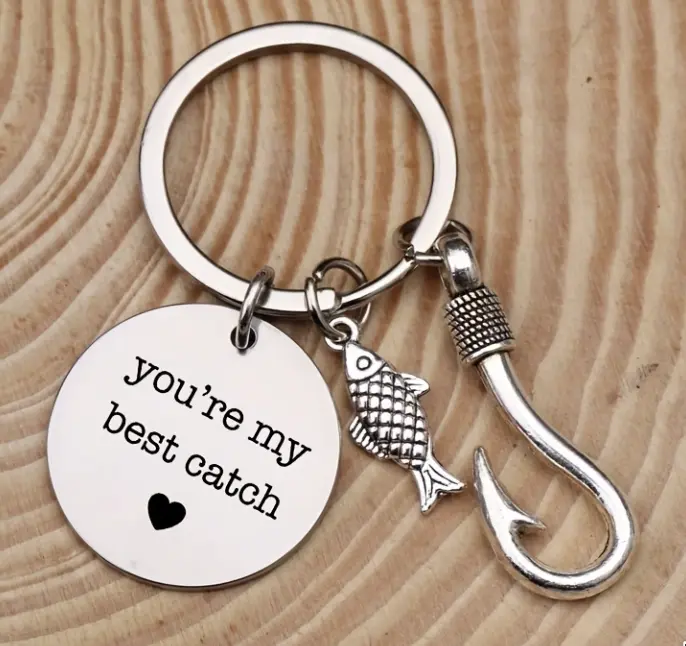 "You're My Best Catch" Circular Pendant Keychain - Stainless Steel Fish Hook, Chain-Attached, Sea-Themed Romantic Fashion Accessory, Ideal Gift for Fishing Enthusiasts & Boyfriends, Chain-Attached Keychains, Circular Pendant Keychains