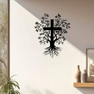 Vertical Christ Cross Wall Art, Metal Religious Sculpture with Tree Branches and Roots, Cross Design Elegant Cross Decor, Religious Decoration for Home, Church, Chapel