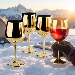 18oz Gold Stainless Steel Wine Glasses Set of 4, Weather-Resistant Polished Metal Goblets, Unbreakable Elegant Cups for Snow Camping Winter Outdoor