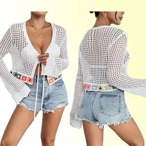 [Discount Price]Women's Crochet Floral Bell Long Sleeve Tie Front Cropped Cardigan Hollow Out V Neck Knitted Sweater Cardigan   Women Tie Front Cardigan Long Sleeve Ventilate Mesh Shrug Tie Top Lightweight Bolero Shrugs for Dresses Cover Ups