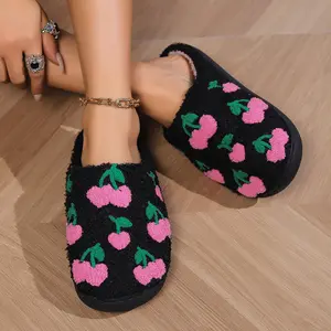 1 pair of new autumn and winter casual, fashionable and comfortable thick-soled anti-slip rose red cherry decorated plush warm slippers, holiday gift slippers, versatile women's indoor and outdoor large-sized slippers Footwear Girl