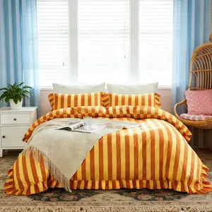 3-Piece Vibrant orange Striped Ruffled Bedding Set, Includes 1 Duvet Cover & 2 Pillowcases , No Core, Suitable for all seasons Comfortable Bedroom Linen
