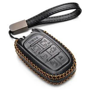 Vitodeco Genuine Leather Smart Key Fob Case Cover Protector with Leather Key Clap Compatible for Chrysler Pacifica 2017 - 2026, 7-Button