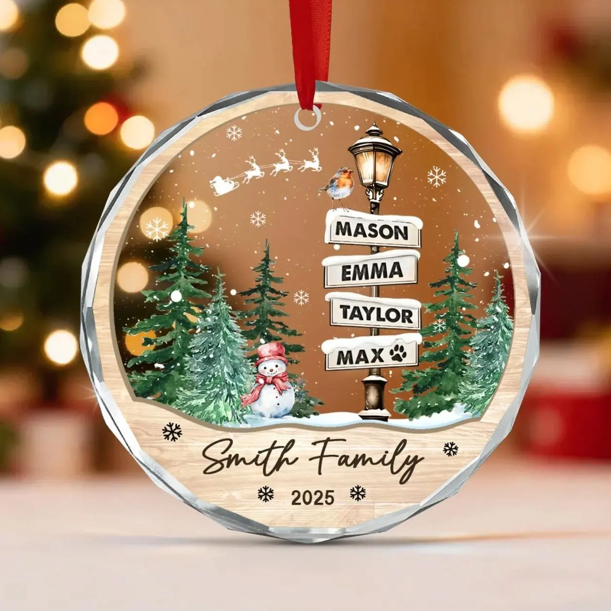 Family Names Christmas Glass Ornament 2026, Personalized Family With Pets Ornaments