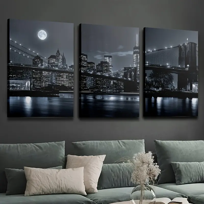 Artistic 3-Piece Decorative Framed Painting Hanging Decor - Pine Wood Frame, High-Definition Canvas Oil Print, Geometric Evening Cityscape Landscape, Modern Home Decor Supply