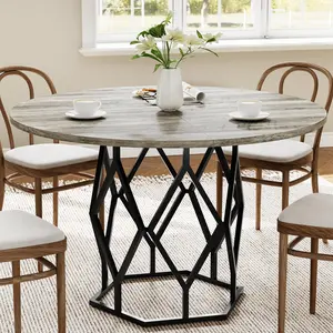 Garvee Round Dining Table 120 cm (47 Inch) for 4-6 People, Large Wooden Kitchen & Dining Room Table with Metal Top and Base, Suitable for Everyday Use, Brown and Gray Options, Dimensions 120 x 120 x 76 cm