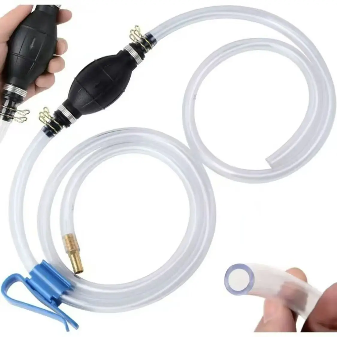 Manual Multi-Use Hand Operated Siphon Pump - 1 Manual Hand Pump, 2 Durable 15mm PVC Siphon Hoses, Hose Clip, Metal Buckles, Brass Fitting for Gasoline, Fluid, Fish Tank Transfers
