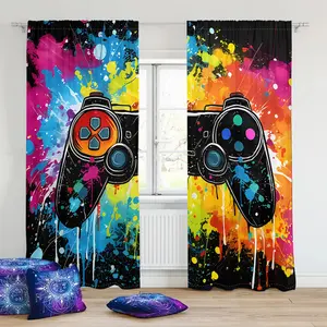 2Pcs/Set Graffiti Colorful Game Controller Switch Pattern 3D Design Light-Filtering Polyester Drapes Rod Pocket Window Curtains For Living Room Bedroom Kitchen Laundry Bathroom Door Protecting Privacy Home Decor