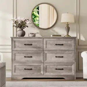 【GARVEE】6-Drawer Dresser with Wide Metal Handles, Farmhouse Modern Wooden Chest of Drawers, Natural Texture Storage Organizer for Bedroom, Living Room
